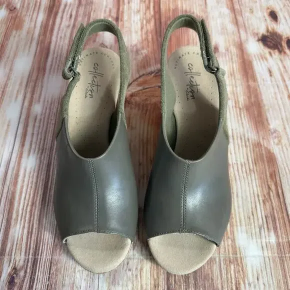 Clarks LAFLEY JOY Sz 7 Gray Leather Suede Cork Wedge Heel Sandals Open Toe Shoes - Picture 3 of 10